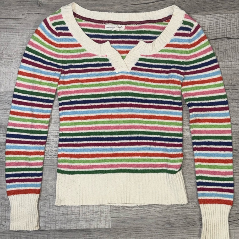Aeropostale Rainbow Striped Knit Sweater XS‎ Long Sleeve Notched V Neck Y2K - Picture 5 of 11